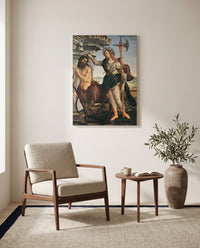 Pallas and the Centaur by Sandro Botticelli as a stretched canvas above a linen lounge chair in a reading corner
