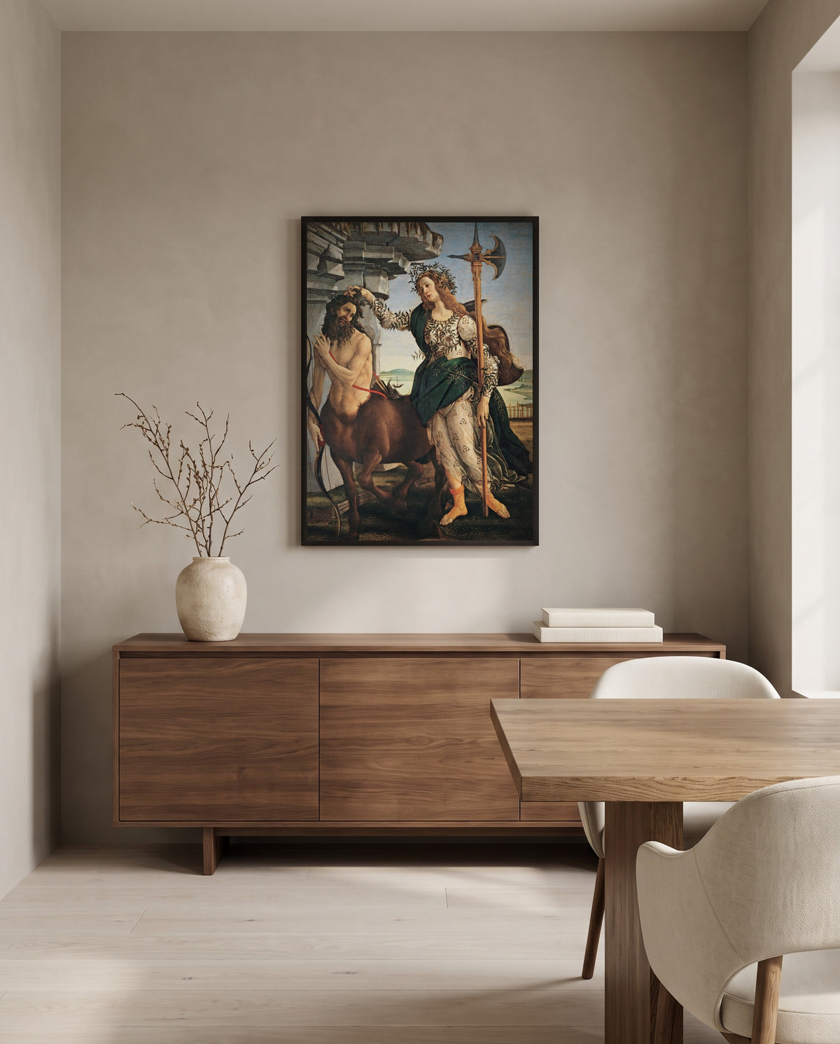 Pallas and the Centaur by Sandro Botticelli in a black frame above a walnut sideboard in a dining room
