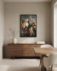 Pallas and the Centaur by Sandro Botticelli in a black frame above a walnut sideboard in a dining room
