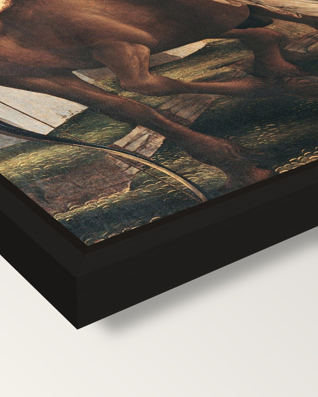 Pallas and the Centaur framed canvas, corner close-up: a black floating frame with a shadow gap round the canvas