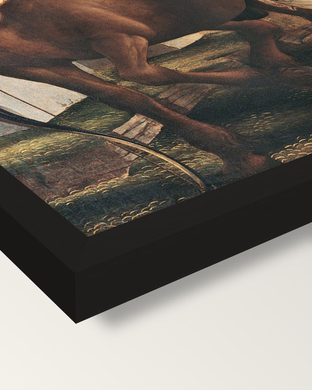 Pallas and the Centaur by Botticelli framed print, corner close-up: black moulding, mitred, the print set just below its edge