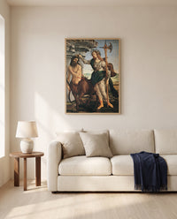 Pallas and the Centaur by Sandro Botticelli framed in natural oak above a cream sofa in a warm living room
