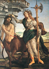Pallas and the Centaur by Botticelli: a woman with a halberd, wreathed in leaves, holds a centaur by the hair
