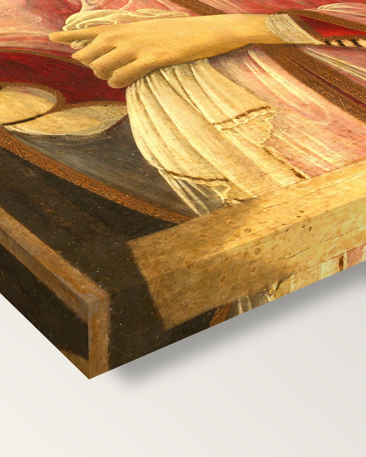 Smeralda Brandini by Sandro Botticelli on stretched canvas, corner close-up: the painting mirror-wrapped round the sides