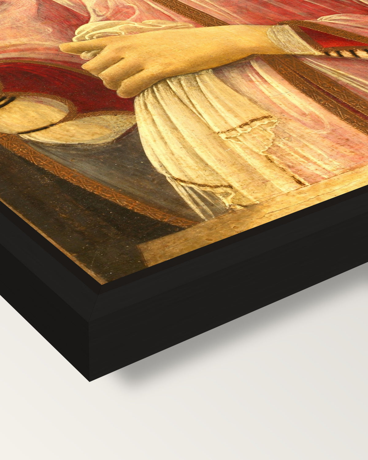 Smeralda Brandini by Botticelli framed canvas, corner close-up: a black floating frame with a shadow gap round the canvas