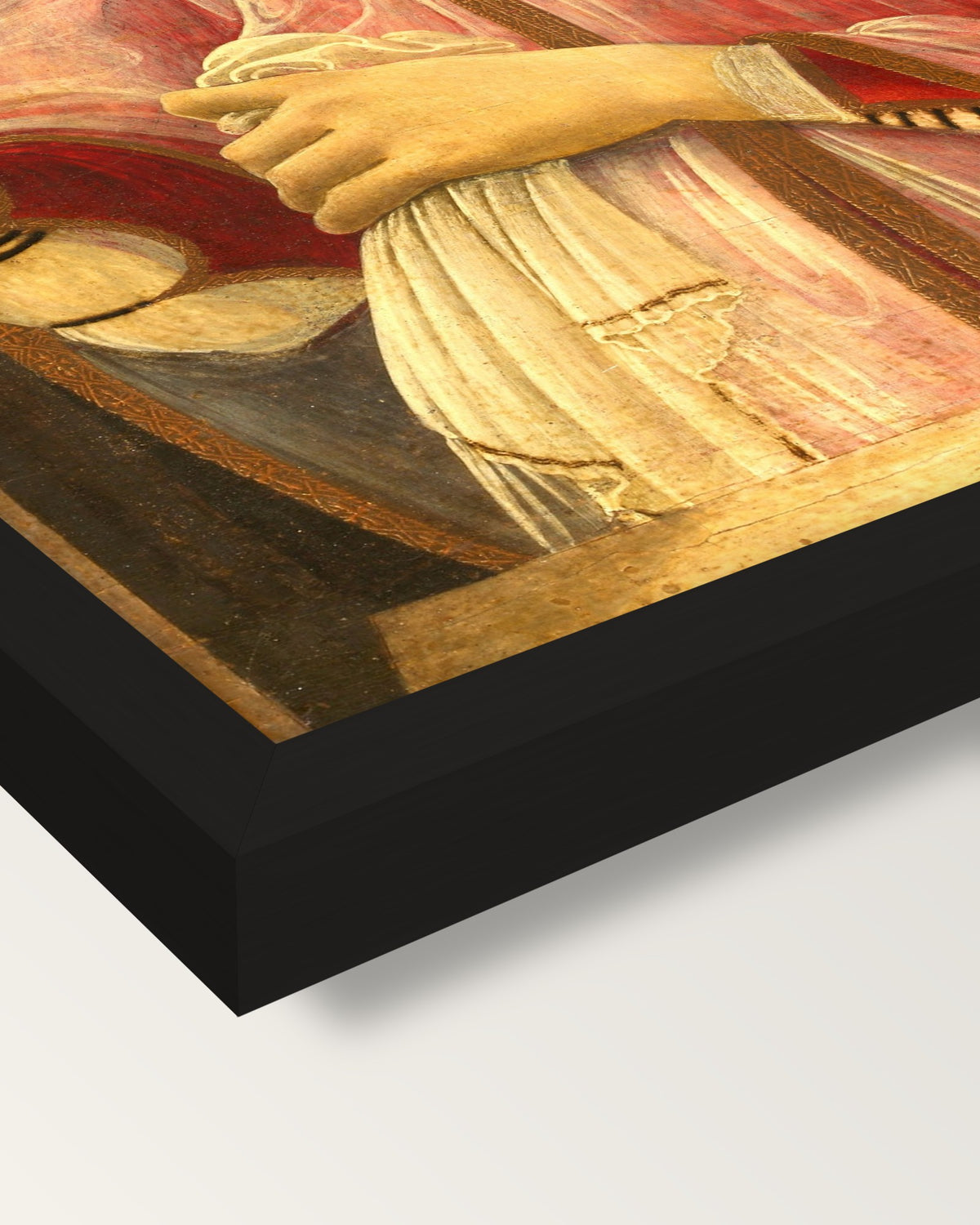 Smeralda Brandini by Botticelli framed print, corner close-up: black moulding, mitred, the print set just below its edge