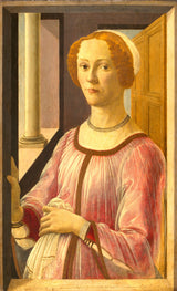 Portrait of a Lady by Botticelli: a red-haired woman in a pink dress at an open window, her hand on the frame