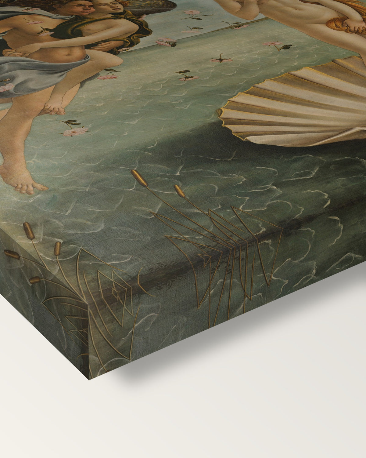 The Birth of Venus by Sandro Botticelli on stretched canvas, corner close-up: the painting mirror-wrapped round the sides