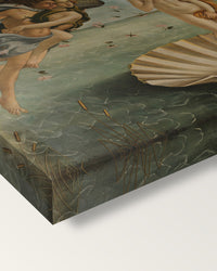 The Birth of Venus by Sandro Botticelli on stretched canvas, corner close-up: the painting mirror-wrapped round the sides