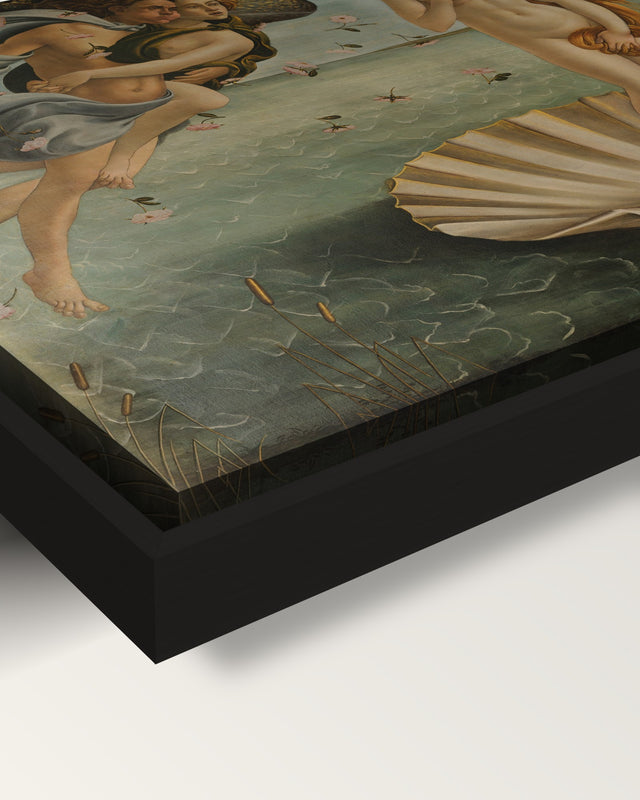 The Birth of Venus by Sandro Botticelli framed canvas, corner close-up: black floating frame, painted edge in the shadow gap