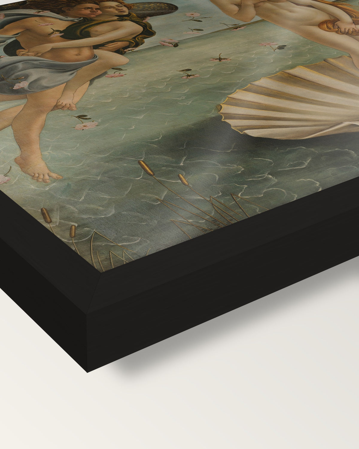 The Birth of Venus by Sandro Botticelli framed print, corner close-up: black moulding, edge to edge under plexiglass, no mat