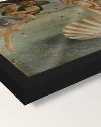 The Birth of Venus by Sandro Botticelli framed print, corner close-up: black moulding, edge to edge under plexiglass, no mat