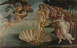 The Birth of Venus by Sandro Botticelli: Venus on a scallop shell, winds blowing at left, a woman with a cloak at right