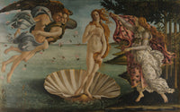 The Birth of Venus by Sandro Botticelli: Venus on a scallop shell, winds blowing at left, a woman with a cloak at right
