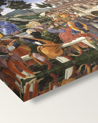Temptations of Christ by Sandro Botticelli on stretched canvas, corner close-up: the painting mirror-wrapped round the sides