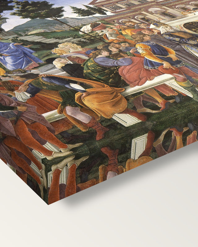 Temptations of Christ by Sandro Botticelli on stretched canvas, corner close-up: the painting mirror-wrapped round the sides