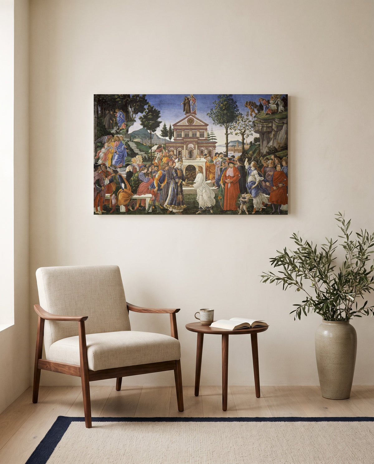 Temptations of Christ by Sandro Botticelli as a stretched canvas above a linen lounge chair in a reading corner