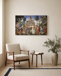 Temptations of Christ by Sandro Botticelli as a stretched canvas above a linen lounge chair in a reading corner