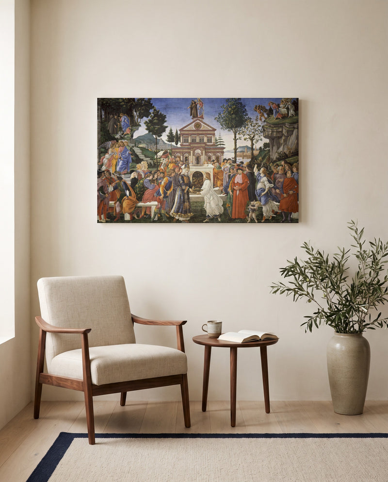Temptations of Christ by Sandro Botticelli as a stretched canvas above a linen lounge chair in a reading corner