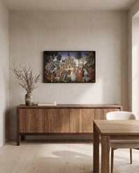 Temptations of Christ by Sandro Botticelli in a black frame in a dining room