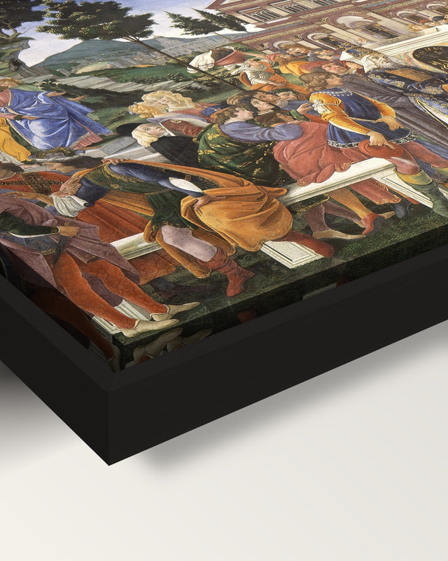Temptations of Christ by Botticelli framed canvas, corner close-up: a black floating frame with a shadow gap round the canvas