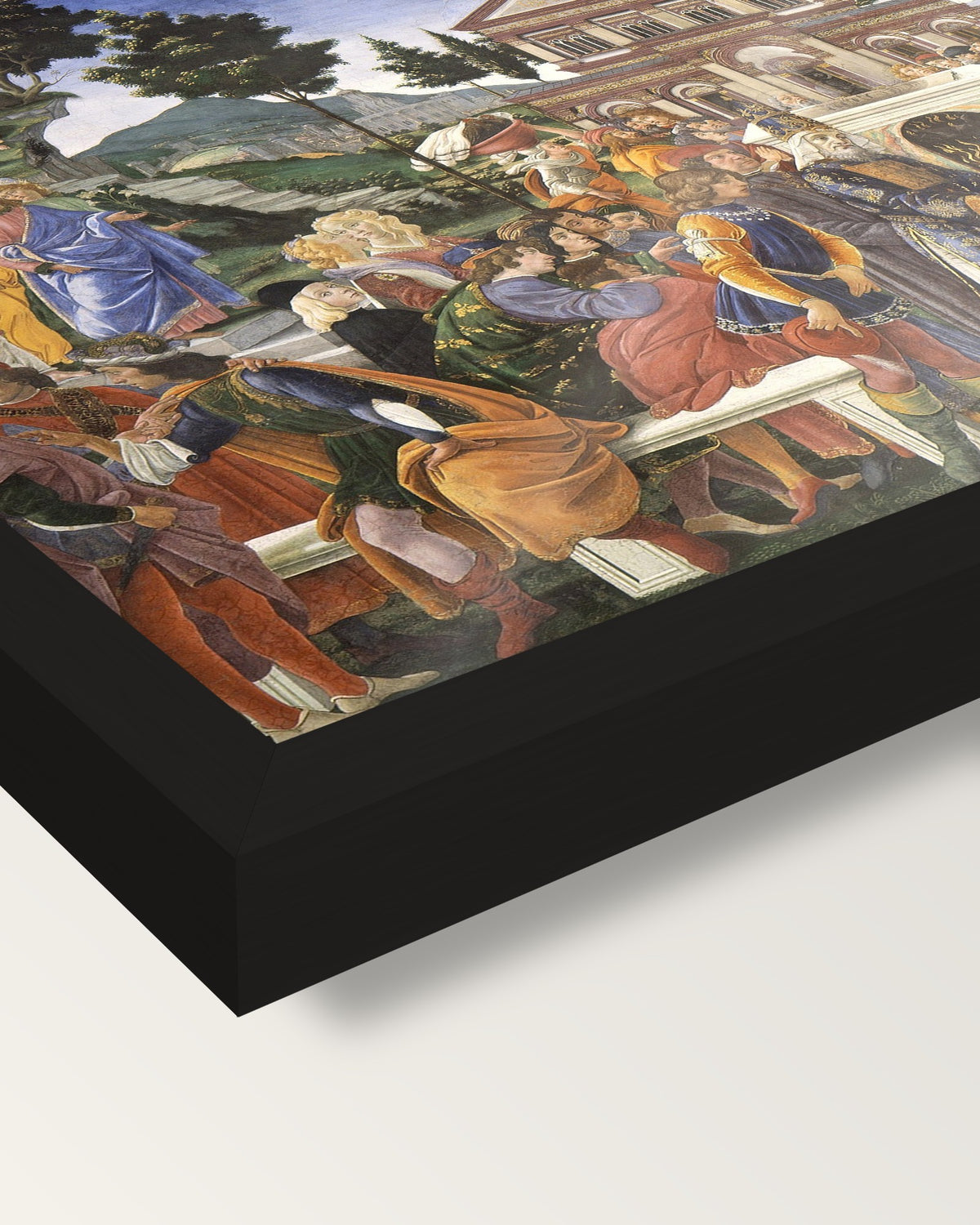 Temptations of Christ by Botticelli framed print, corner close-up: black moulding, mitred, the print set just below its edge
