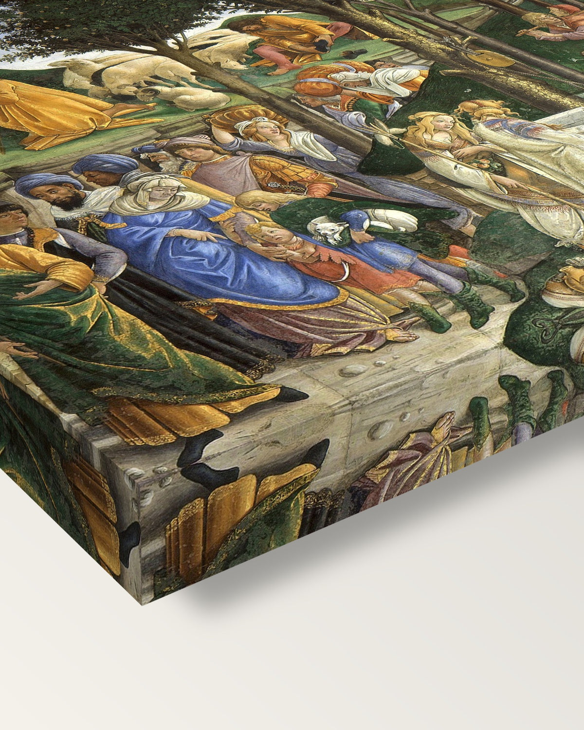The Trials of Moses by Sandro Botticelli on stretched canvas, corner close-up: the painting mirror-wrapped round the sides