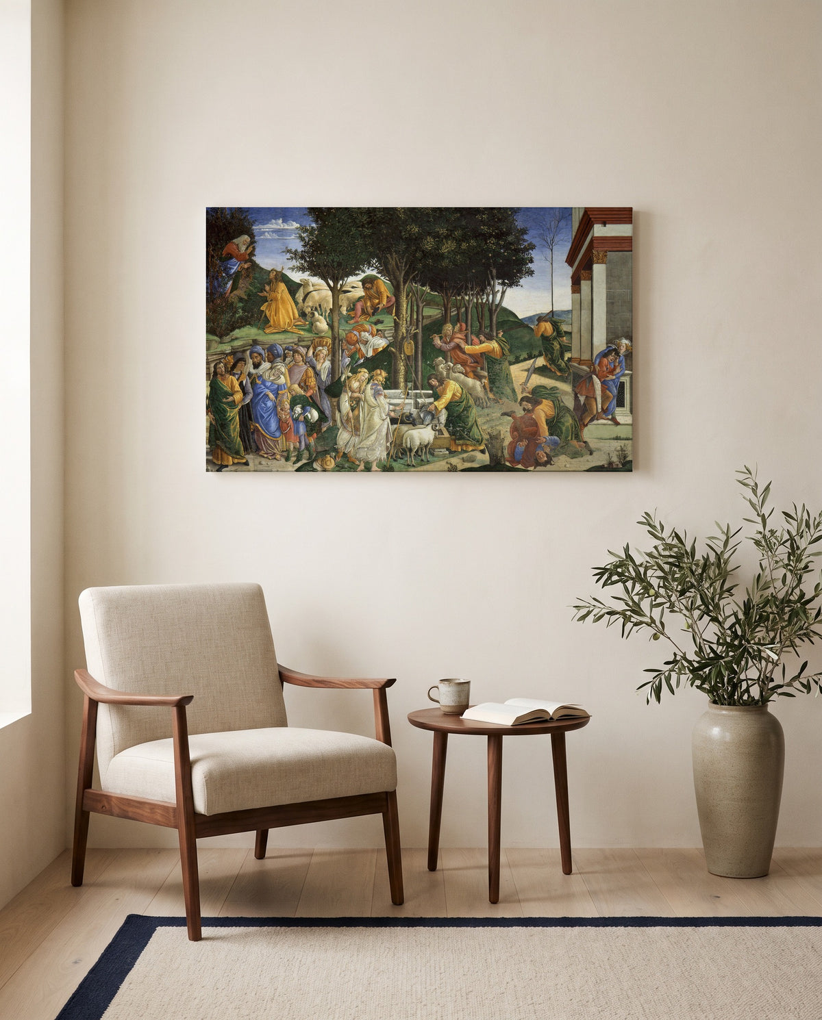 The Trials of Moses by Sandro Botticelli as a stretched canvas above a linen lounge chair in a reading corner