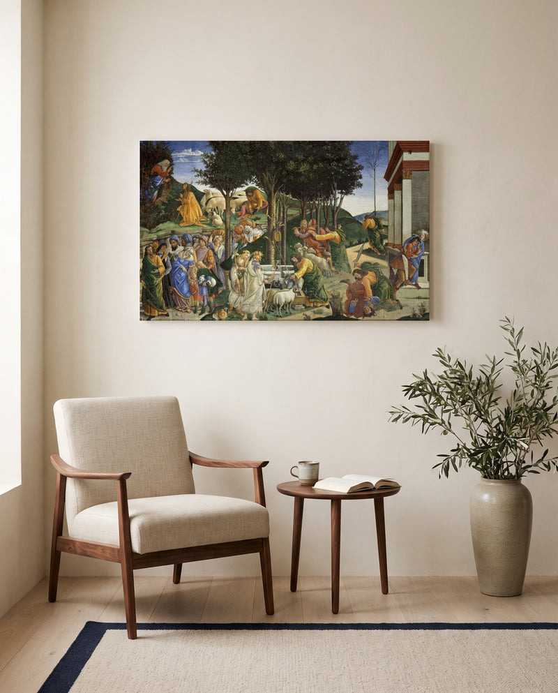 The Trials of Moses by Sandro Botticelli as a stretched canvas above a linen lounge chair in a reading corner