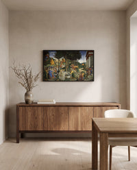 The Trials of Moses by Sandro Botticelli in a black frame in a dining room