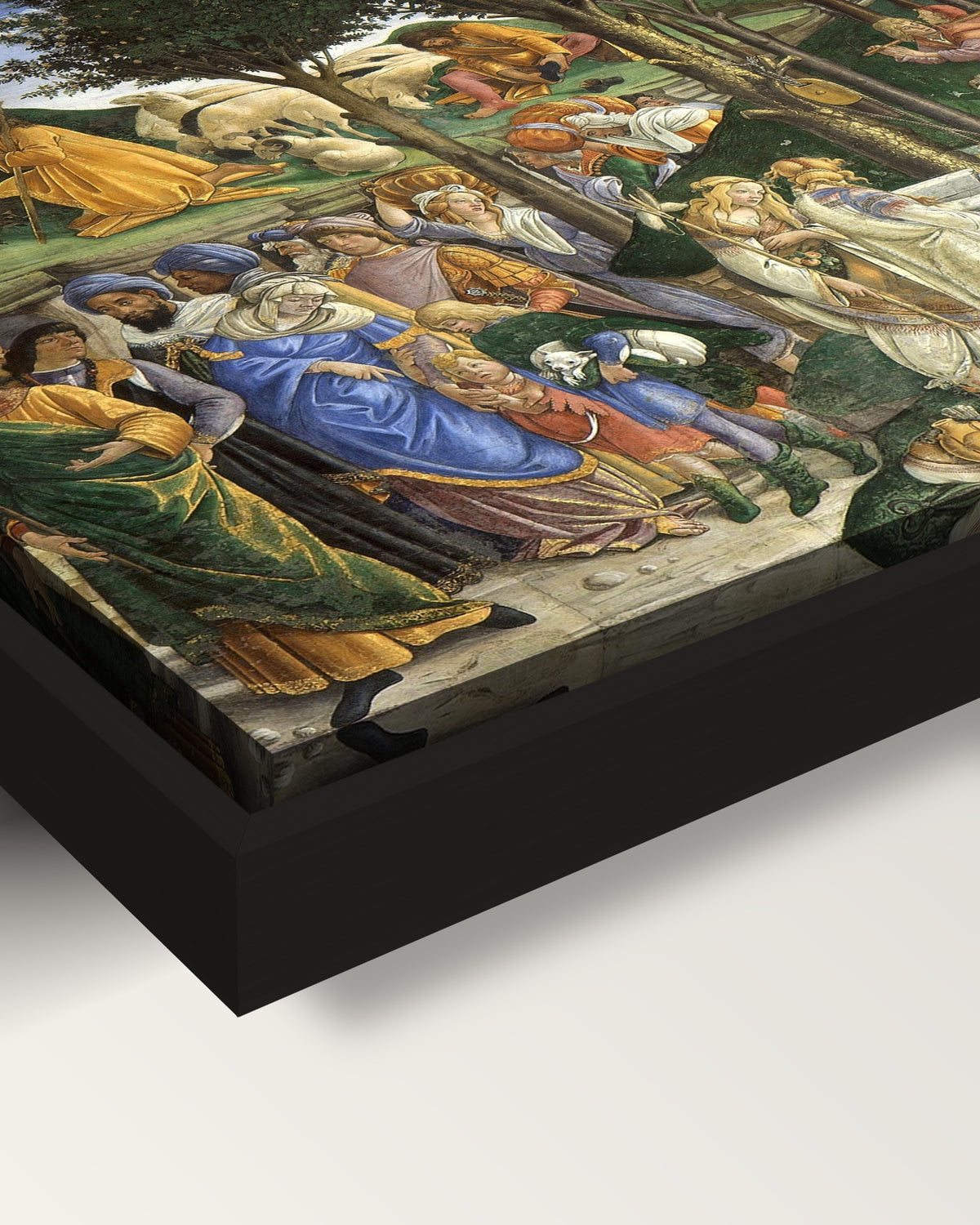 The Trials of Moses by Botticelli framed canvas, corner close-up: a black floating frame with a shadow gap round the canvas