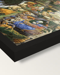 The Trials of Moses by Botticelli framed print, corner close-up: black moulding, mitred, the print set just below its edge