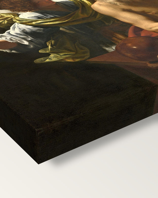 Saint Jerome and the Angel by Simon Vouet on stretched canvas, corner close-up: the painting mirror-wrapped round the sides