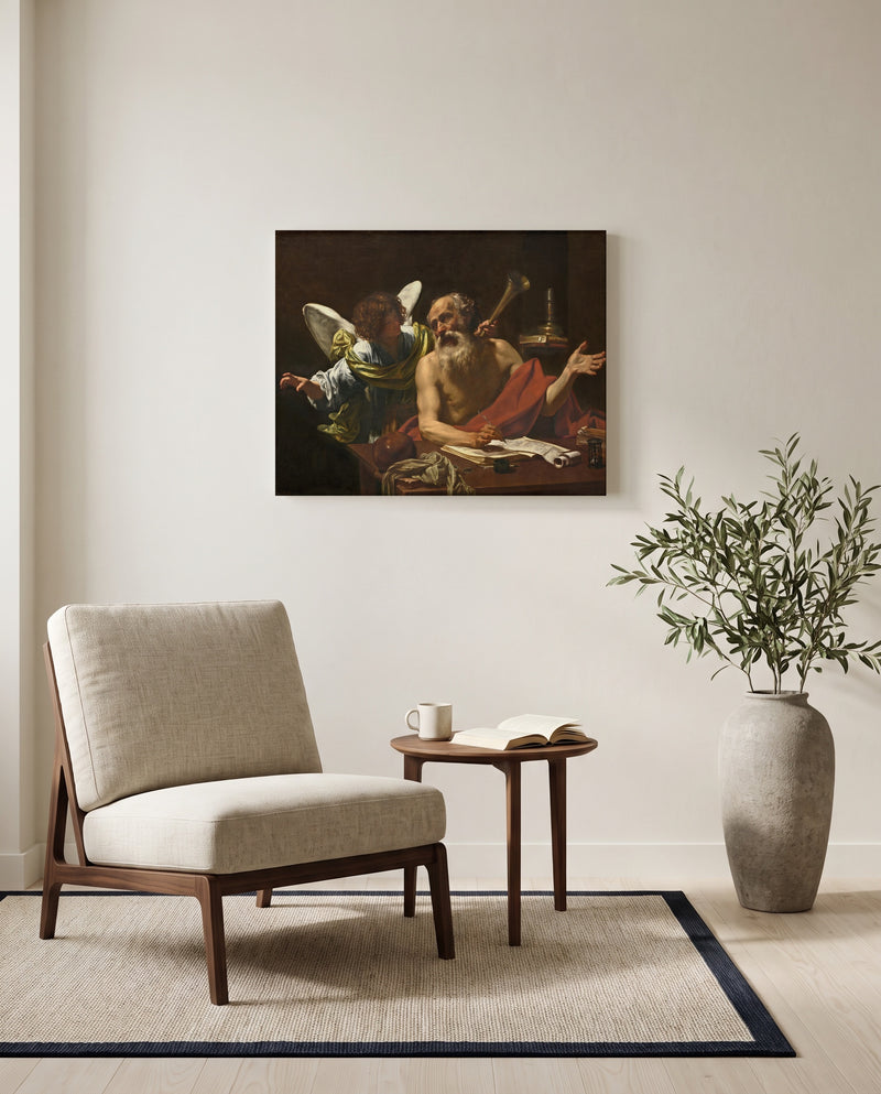 Saint Jerome and the Angel by Simon Vouet as a stretched canvas above a linen lounge chair in a reading corner