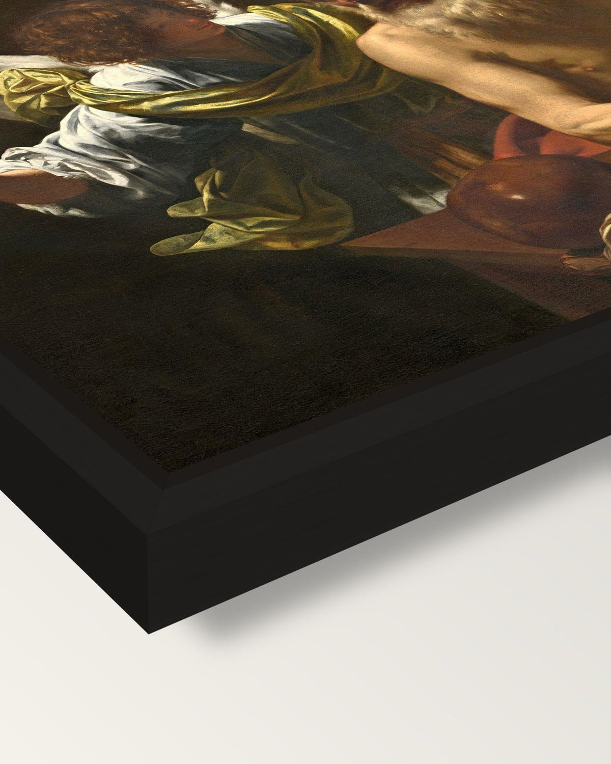 Saint Jerome and the Angel by Vouet framed canvas, corner close-up: a black floating frame with a shadow gap round the canvas