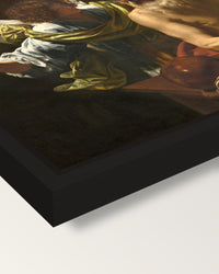 Saint Jerome and the Angel by Vouet framed canvas, corner close-up: a black floating frame with a shadow gap round the canvas