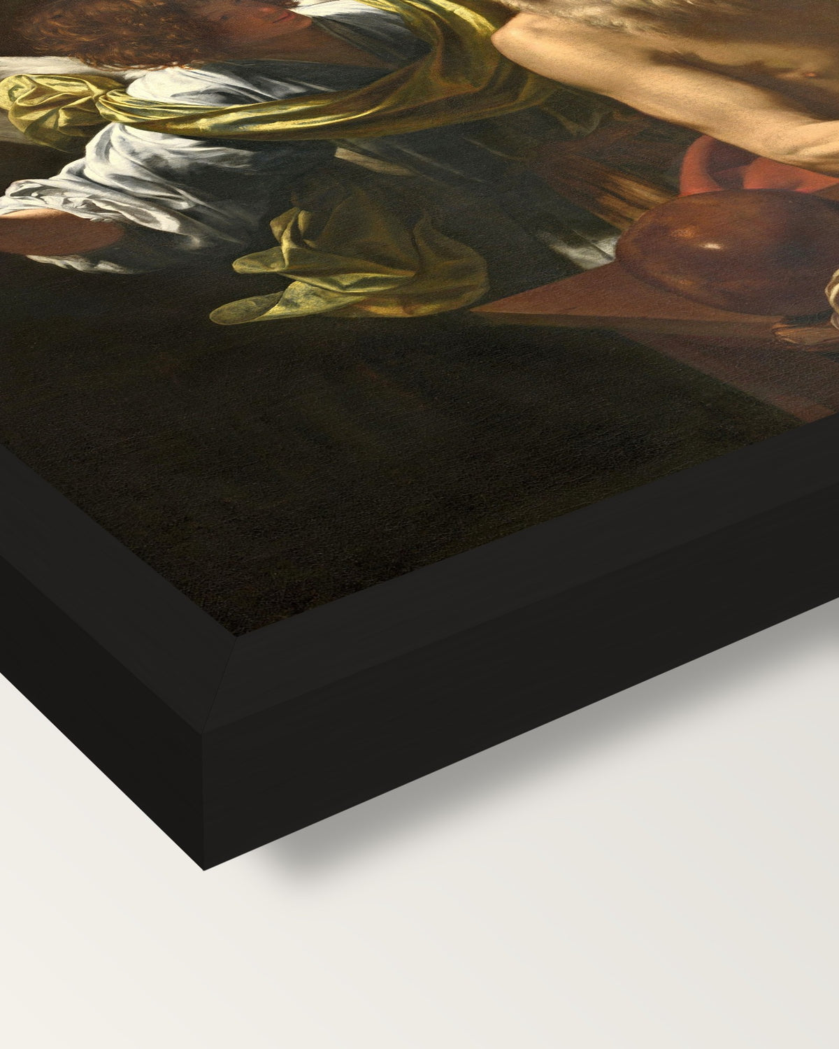 Saint Jerome and the Angel by Vouet framed print, corner close-up: black moulding, mitred, the print set just below its edge