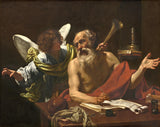 Saint Jerome and the Angel by Simon Vouet: a white-bearded scholar turns as a winged angel holds a trumpet to his ear