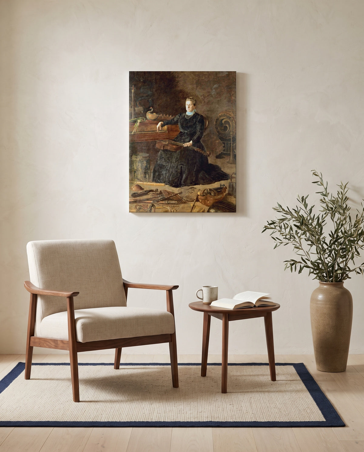 Antiquated Music by Thomas Eakins as a stretched canvas above a linen lounge chair in a reading corner
