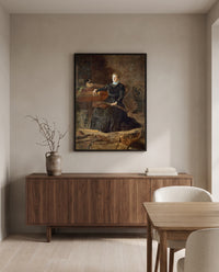 Antiquated Music by Thomas Eakins in a black frame above a walnut sideboard in a dining room
