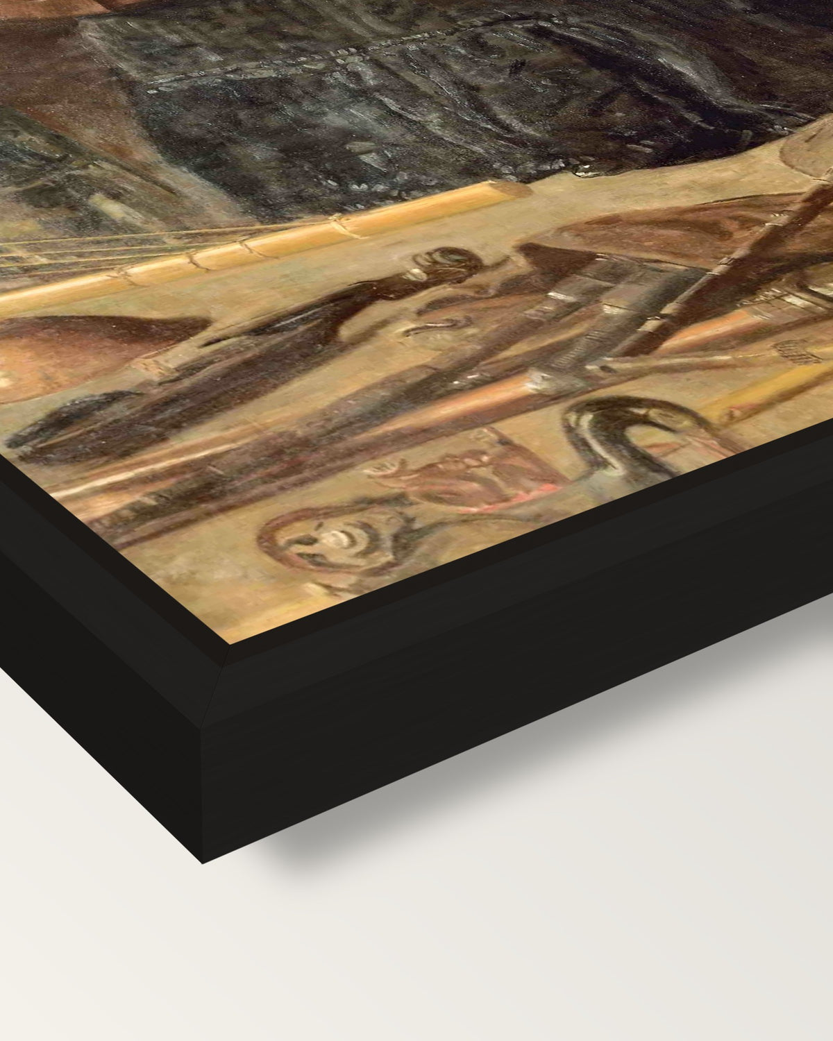 Antiquated Music by Thomas Eakins framed canvas, corner close-up: a black floating frame with a shadow gap round the canvas