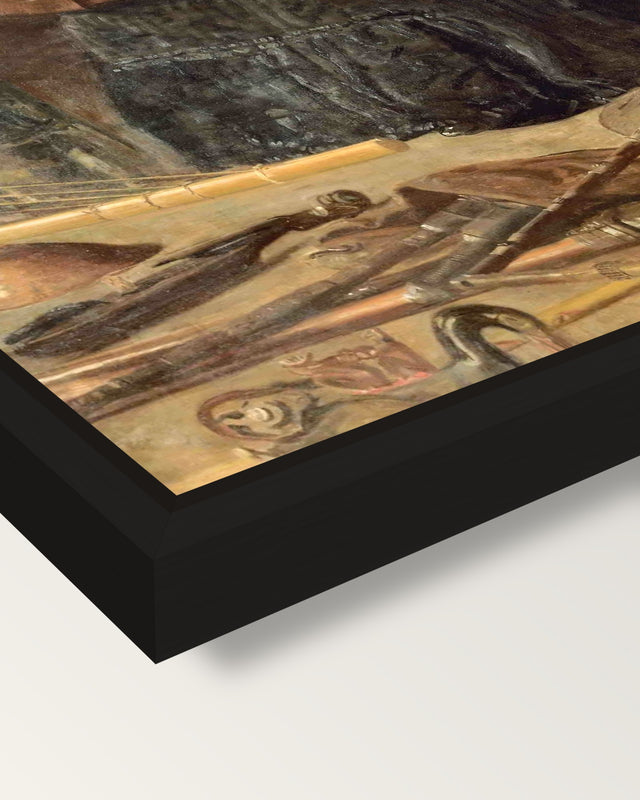 Antiquated Music by Thomas Eakins framed canvas, corner close-up: a black floating frame with a shadow gap round the canvas