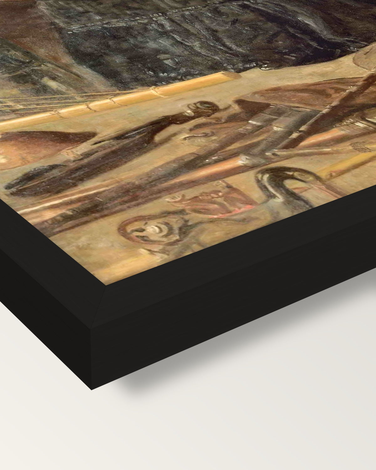 Antiquated Music by Thomas Eakins framed print, corner close-up: black moulding, mitred, the print set just below its edge