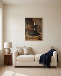 Antiquated Music by Thomas Eakins framed in natural oak above a cream sofa in a warm living room