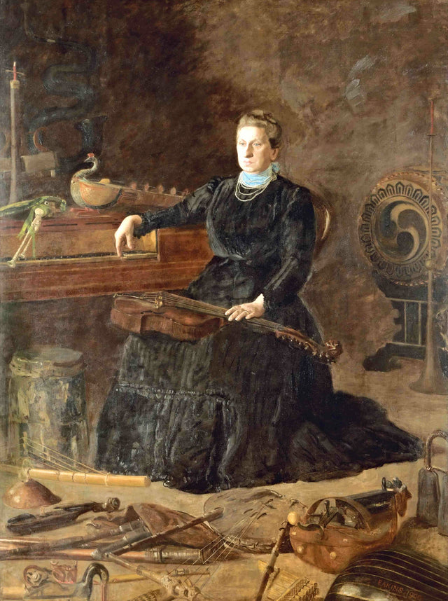 Antiquated Music by Thomas Eakins: a woman in black sits among antique stringed instruments, one hand on a keyboard