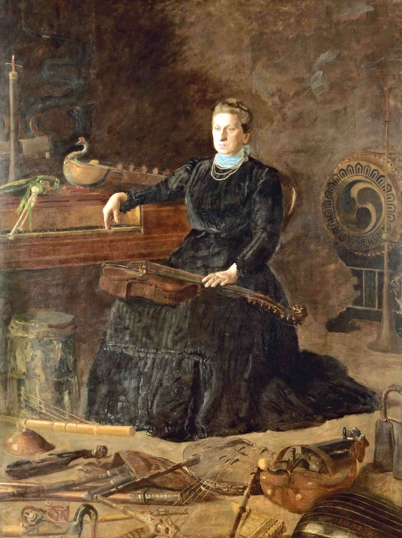 Antiquated Music by Thomas Eakins: a woman in black sits among antique stringed instruments, one hand on a keyboard
