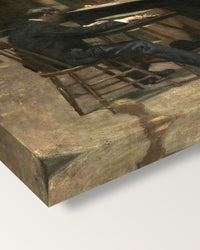 Between Rounds by Thomas Eakins on stretched canvas, corner close-up: the painting mirror-wrapped round the sides