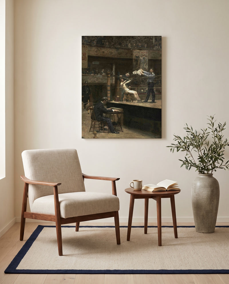 Between Rounds by Thomas Eakins as a stretched canvas above a linen lounge chair in a reading corner