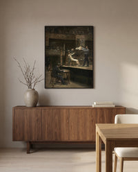Between Rounds by Thomas Eakins in a black frame above a walnut sideboard in a dining room