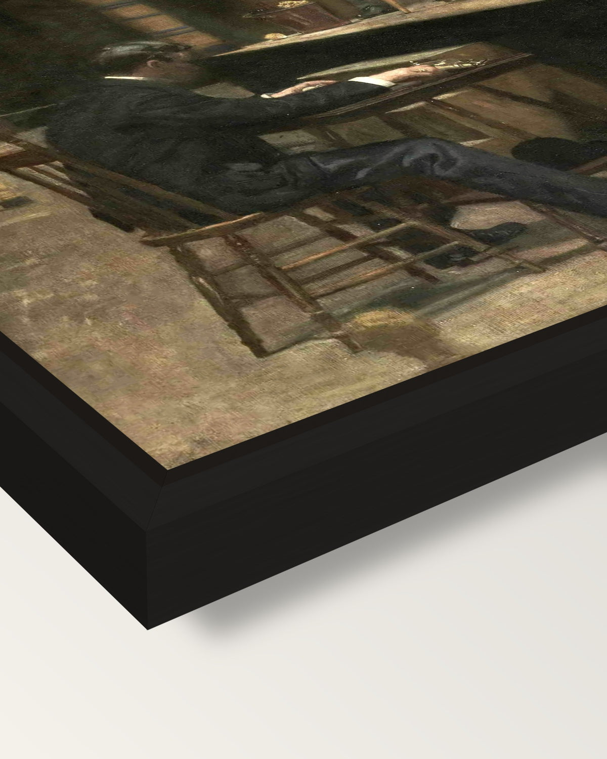 Between Rounds by Thomas Eakins framed canvas, corner close-up: a black floating frame with a shadow gap round the canvas
